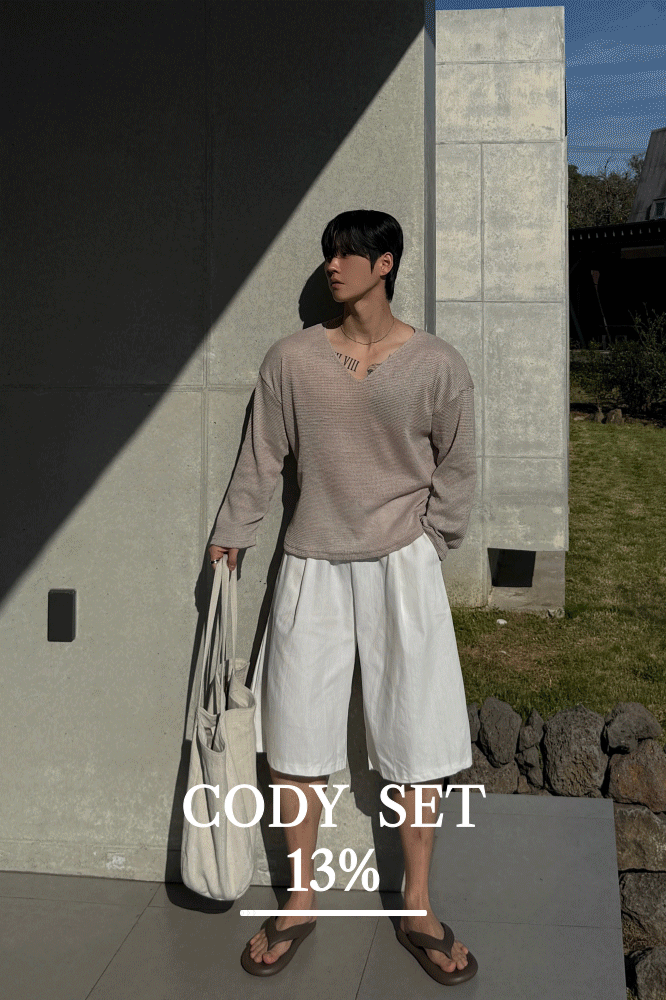 [CODY SET] 로에 브이넥 내추럴 니트 긴팔티 + 노튼 내추럴 린넨 버뮤다 팬츠